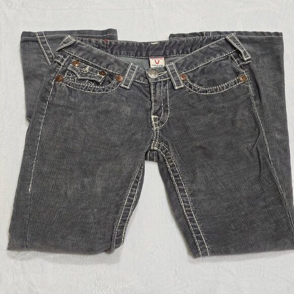 True Religion ✦ Gray Corduroy Flare Jeans ✦ Joey Big T Flare w/ Signature Stitch - Picture 7 of 13
